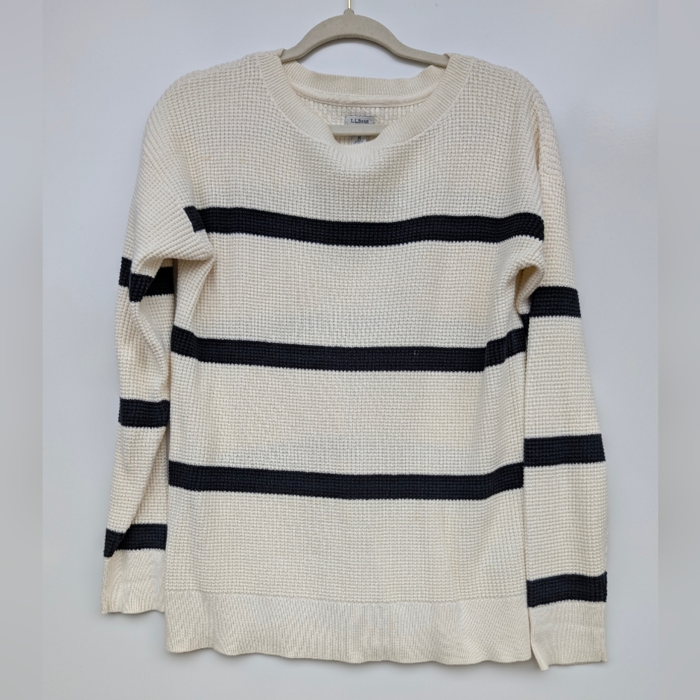 L.L.Bean Cotton Waffle Knit Sweater Cream Black Stripe – Women’s M - Picture 2 of 9
